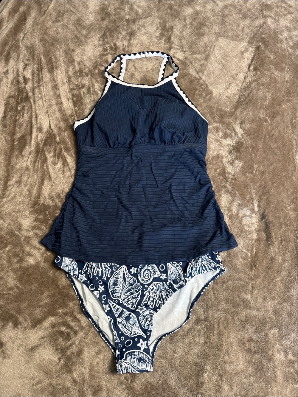 Modlily Navy Tankini with Shell-Print Bottom.